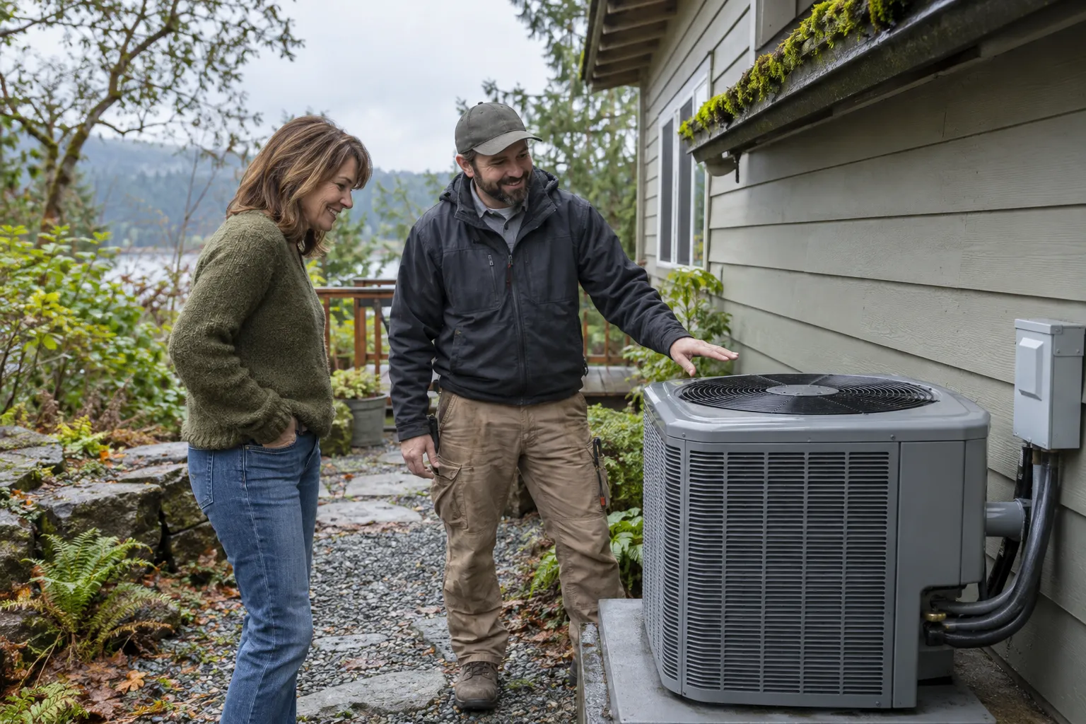 A friendly local HVAC provider and a homeowner reviewing a new outdoor AC unit beside a house in Vancouver