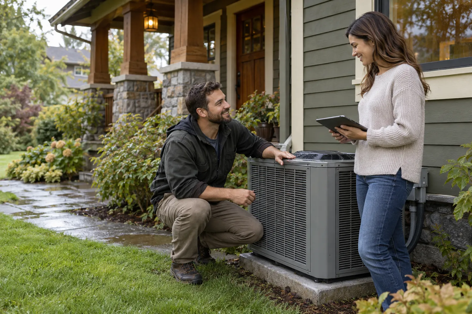 A friendly local provider showing a homeowner the outdoor AC unit beside a wood-frame home in the Vancouver area