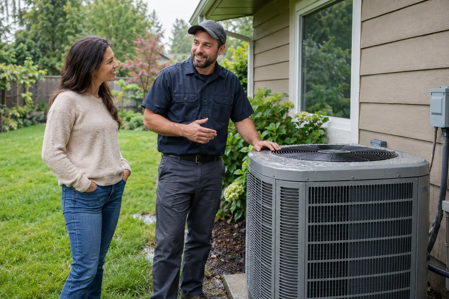 A friendly homeowner talking with a local HVAC provider beside an outdoor AC unit in Vancouver